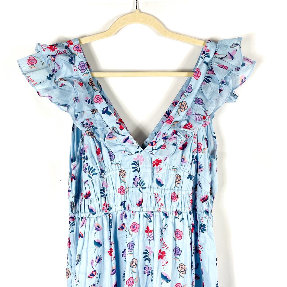Banjanan Maya Dress Floral Misty Blue V-neck Midi Ruffle Cotton Sz XL - Picture 6 of 13